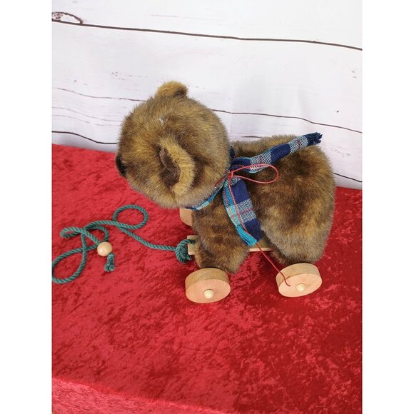 Vintage 1986‎ Applause Brown Plush Teddy Bear Wooden Wheels Pull Toy - Picture 2 of 6